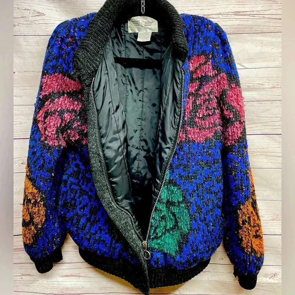 70s Vintage Globex Medium Multicolor Floral Bomber Knit Sweater Jacket Geometric